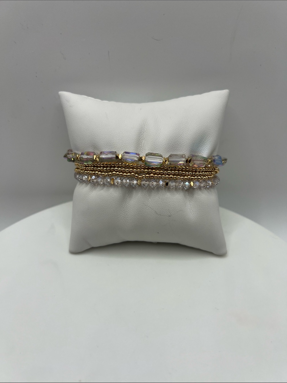 677. Gold and Iridescent Beaded Stackable Stretchy Bracelet Set 6 3/4”